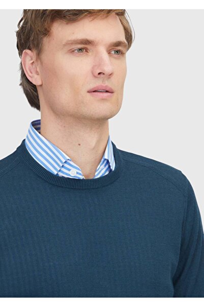 Ramsey Petrol Crew Neck Plain Knit Wool Blend Sweater