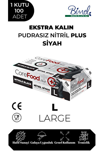 COREFOOD Ekstra Kalın Nitril Siyah Plus Muayene Eldiveni L - 1 Paket 100'lü