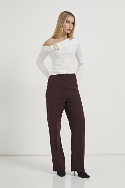 Modasultan Women's Gold Accessory Detailed One Shoulder Long Sleeve Flexible Viscose Combed Blouse