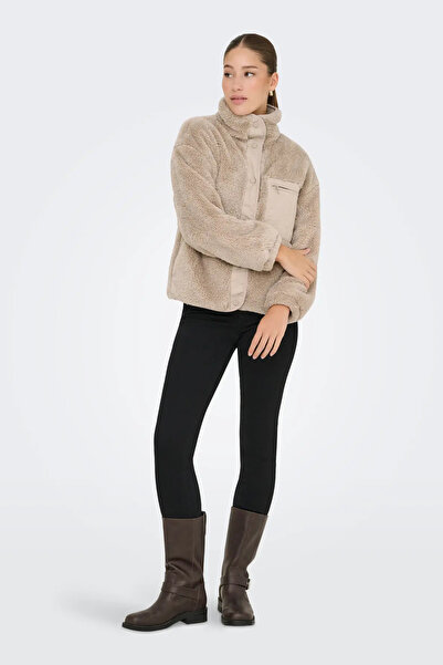 ONLY Women's Onlcontact Stand Collar Fleece Coat 15349417 Beige