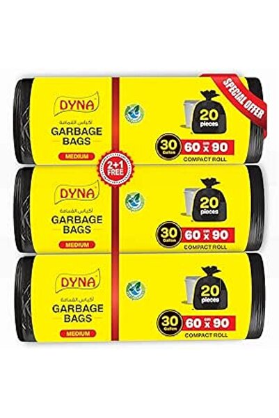 Dyna أكياس قمامة، 30 جالون، 60 كيسًا (عبوة من 3 لفات) (60 × 90 سم)