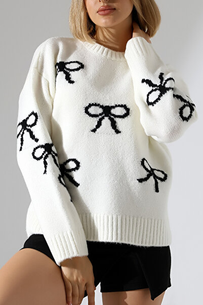 MILANOFOX Women's Bow Patterned Soft Textured Ecru Knitwear Sweater
