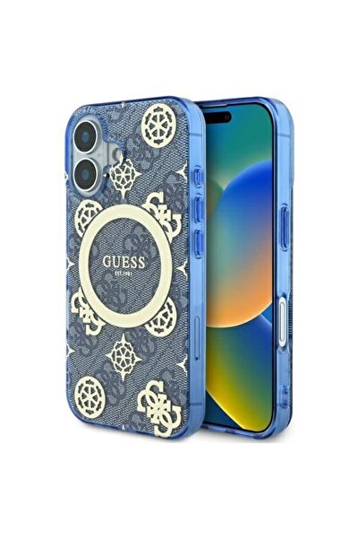 Guess Carcasă pentru iPhone 16, model MagSafe Denim, compatibilă, ramă din silicon, logo auriu, albastră