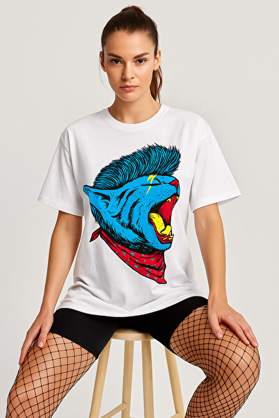 ocke تي شيرت كبير الحجم مطبوع عليه قطة زرقاء على طراز روك