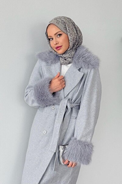 Şulemoda Giyim Yaren Yaka Kürk Kaşe Kaban Gri