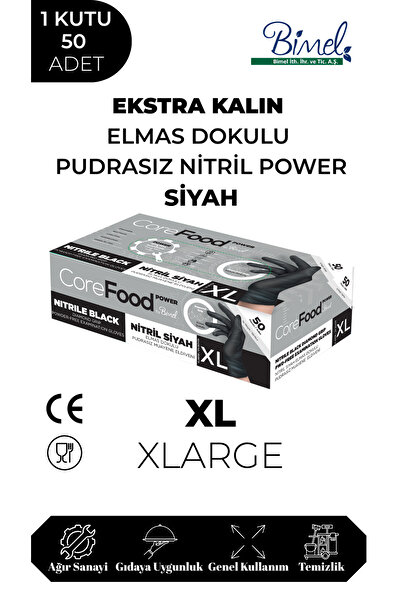 Bimel COREFOOD Nitril Siyah Power Muayene Eldiveni XL - 1 Paket 50 li