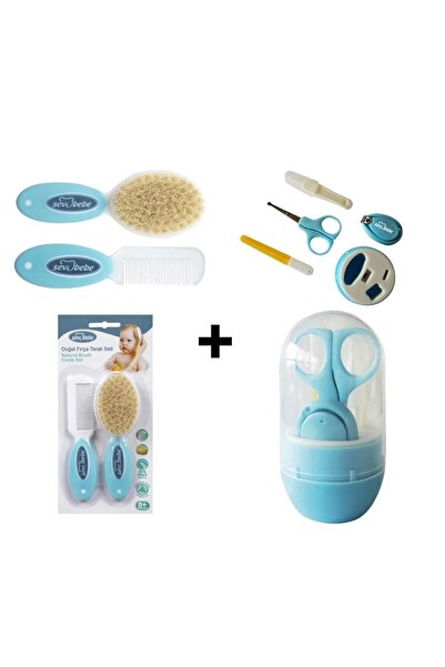 Sevi Bebe مشط طبيعي بفرشاة + مجموعة العناية بأظافر الأطفال باللون الأزرق