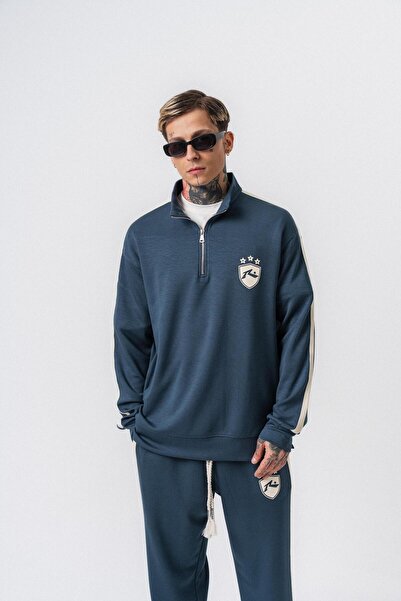 Respire Ανδρικό φούτερ με λεπτομέρεια ριγέ με μισό φερμουάρ Modal Petrol