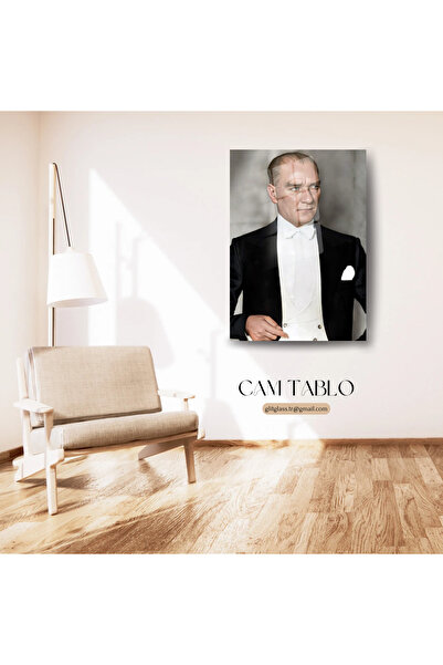 Glit Glass Atatürk Klasik Smokin Fotoğrafı Siyah Beyaz Temperli Cam Tablo
