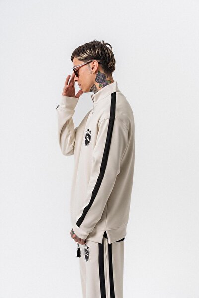 Respire Ανδρικό φούτερ με λεπτομέρεια ρίγες και μισό φερμουάρ Modal Ecru