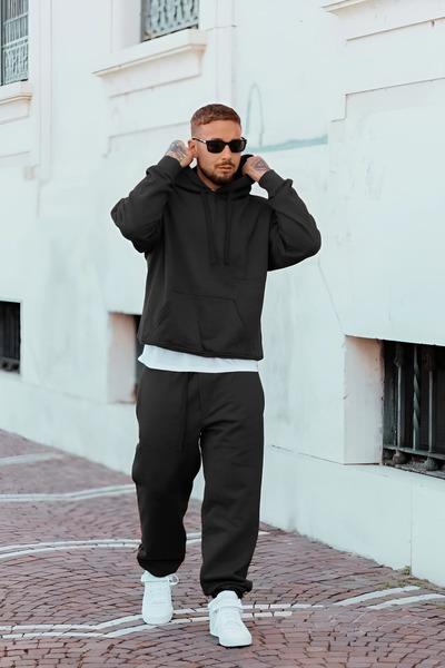 YAKAMEL طقم بدلة رياضية رجالي بقلنسوة كبيرة الحجم مصنوع من 3 خيوط