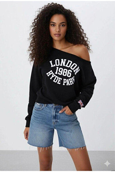 npLStore Γυναικείο φούτερ London 1986 με στάμπα με έναν ώμο και λαιμόκοψη με ...