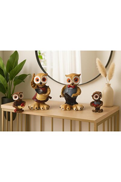 e-life shop Lüks İşlemeli Polyester 4lü Çiftçi Baykuş Ailesi Biblo Seti Ofis ...