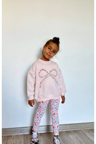 dolaş kids Winter Girl's Double Set with Bow Embroidered Flower Print