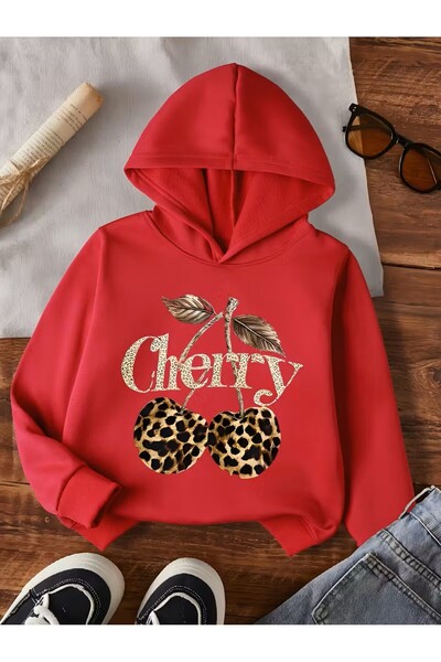 oneagılyazı سويت شيرت بقلنسوة أسود اللون مطبوع عليه نمر الكرز للفتيات