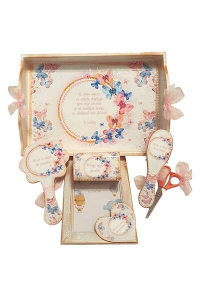 mixartstudiobym Set tavă pentru prima tunsoare, temă fluturi, aspect vintage, 6 piese, decorată manual