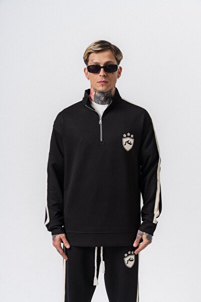 Respire Ανδρικό φούτερ με λεπτομέρεια ριγέ με μισό φερμουάρ Modal Μαύρο