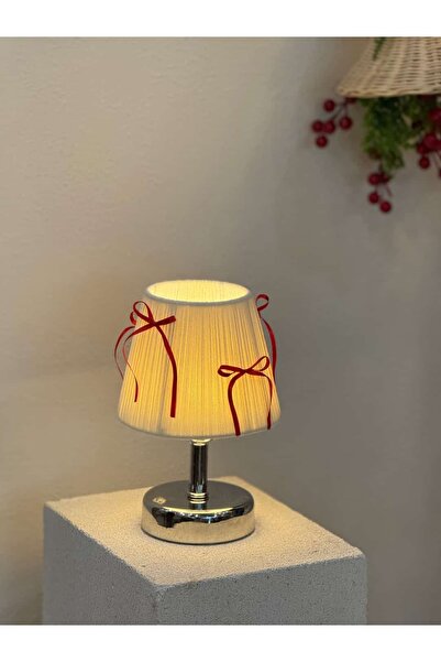 Maison Avf Krem Kadife Süet Kırmızı Fiyonk Kablosuz Şarjlı Masa Lambası - Alt...