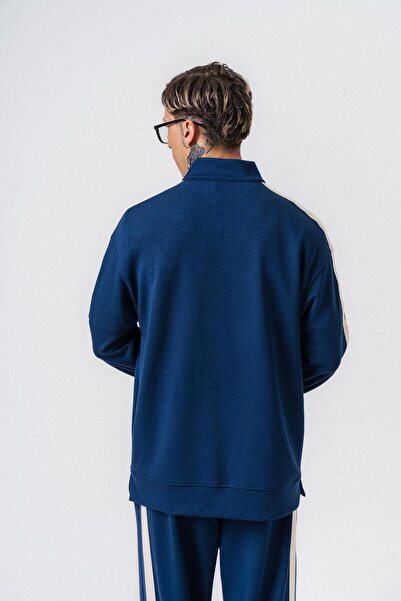 Respire Ανδρικό φούτερ με λεπτομέρεια ρίγες και μισό φερμουάρ, μπλε ναυτικό