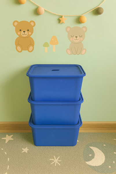 decosense 3 قطع صندوق تخزين ألعاب ومستلزمات عميق بغطاء أزرق داكن، مجموعة سلال...