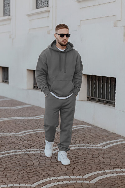 YAKAMEL طقم بدلة رياضية رجالي بقلنسوة كبيرة الحجم مصنوع من 3 خيوط