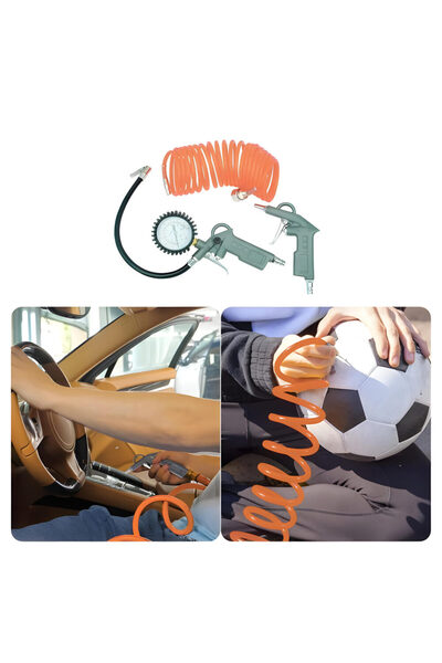 zola Σετ αξεσουάρ συμπιεστή, πιστόλι φουσκώματος με μανόμετρο 12 bar, σπειροειδής σωλήνας 5 m, 3 ακροφύσια