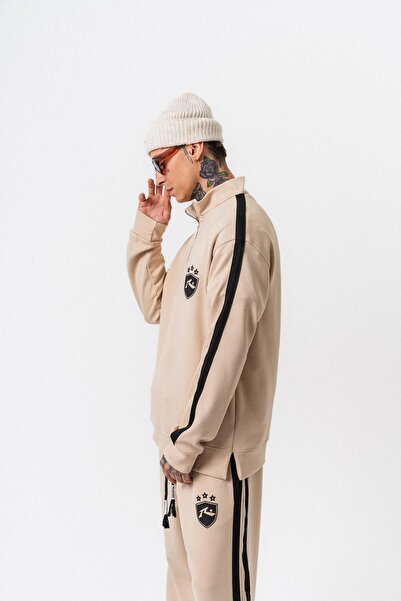 Respire Ανδρικό φούτερ με λεπτομέρεια ρίγες και μισό φερμουάρ, μπεζ