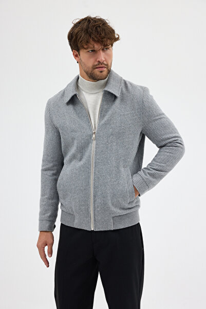 Frappoli Jorge Men's Gray Houndstooth Short Cashmere Coat with Zipper and Ribbed-Elasticated Hem