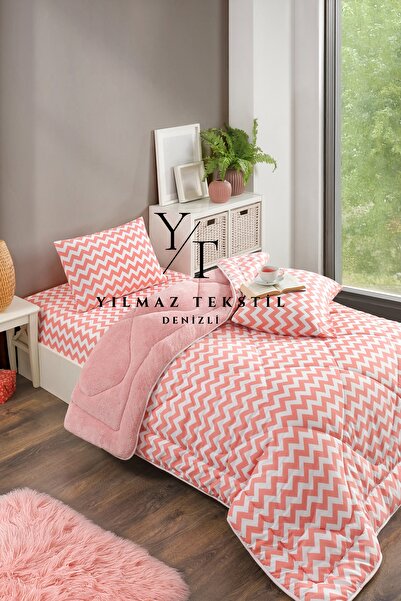 ChicMaison Tek Kişilik Pofuduk Uyku Seti | Lastikli Çarşaflı | Pudra Zigzag