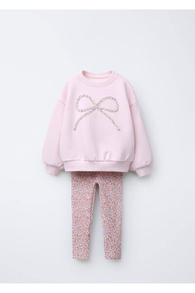 dolaş kids Winter Girl's Double Set with Bow Embroidered Flower Print