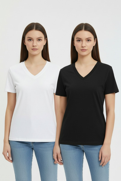 TWINTICKS Women's V-Neck Short Sleeve Casual Wear Cotton Two-Piece T-Shirt Se...