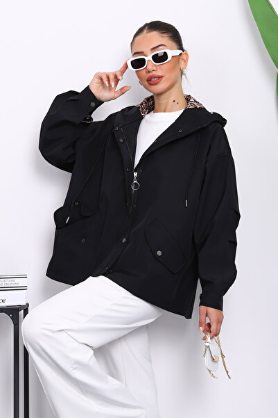 İmajButik Black Hooded Short Trench Coat with Snap Detail