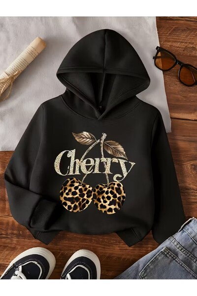 oneagılyazı Girl's Leopard Cherry Printed Black Hooded Ribbed Sweatshirt