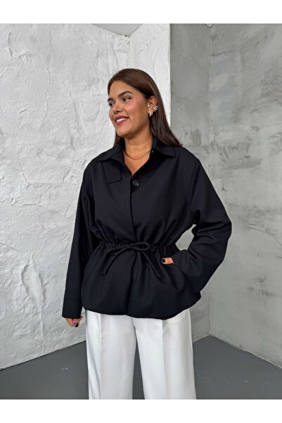 Elif Özbey Butik Siyah Beli İp Detaylı Trenç