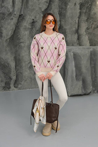 GİYSA Pulover tricotat cu decolteu rotund pentru femei, cu model Baklava, Stone - 26K 9032