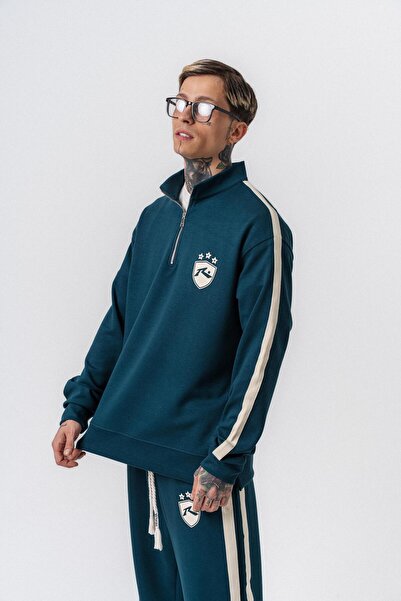 Respire Men's Stripe Detailed Half Zipper Modal Sweatshirt Emerald