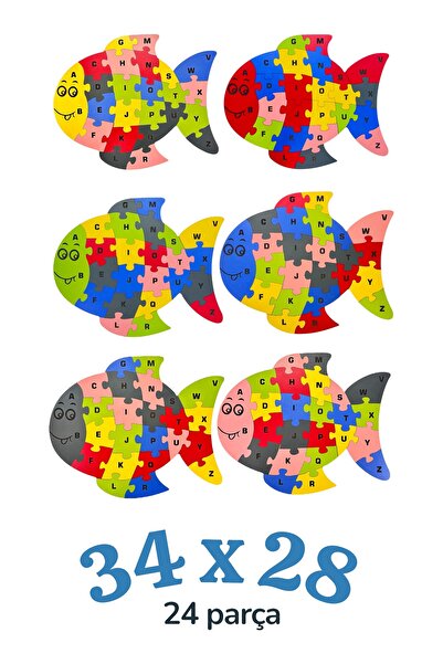 Pemina İngilizce Büyük Harfli Alfabe 24 Parça Balık Puzzle (3 mm MDF) - 1 Adet