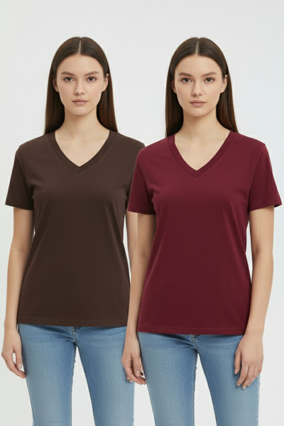 TWINTICKS Women's V-Neck Short Sleeve Casual Wear Cotton Two-Piece T-Shirt Se...