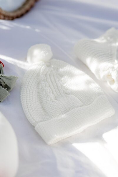 miabambim Knitwear Beret Side Buttoned Top and Bottom Set Baby Set Ecru