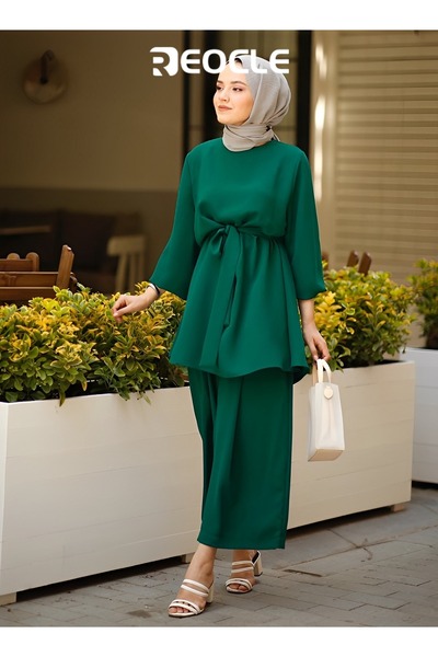 REOCLE Women Muslim Summer 2Pcs Outfits Set Long Sleeve Belted Tunic Tops Wide Leg Loose Pants