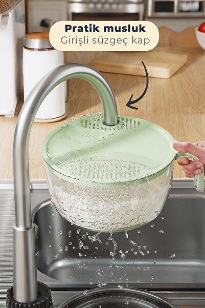 CULIQ Goblette Home 2’si 1 Arada Süzgeçli Pirinç,Sebze ve Meyve Yıkama Kabı – Pratik Saplı Mutfak Gereci