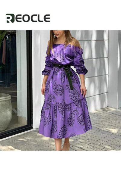 REOCLE Off-shoulder Dress with Wide Hem Long Sleeves Mid-length Printed Dress Waist Design