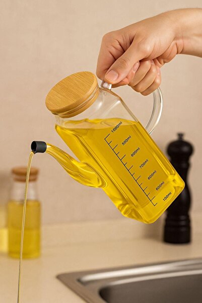 mafa home Bambu Kapaklı Şık Kare Borosilikat Cam Yağdanlık Sirkelik 1000 ML