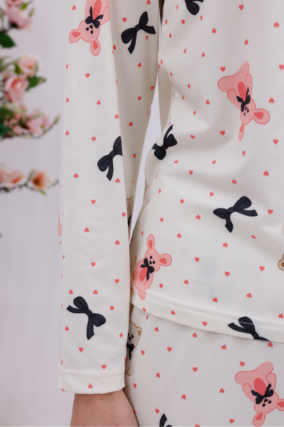 Arvin Pijama Жіночий комплект піжами з довгими рукавами, м'якої текстури, з принтом персонажа Bear With Ribbon