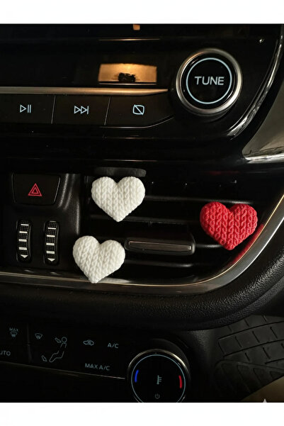Çiçek Antalya 3-Piece Knitted Patterned Red and White Heart Car Clip Car Air Conditioner Ornament Glove Box Car Accessory Interior Ornaments