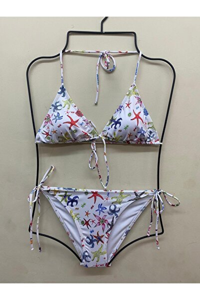 VAJESTO Γυναικείο σετ μπικίνι με λευκό αστερίαστρο ελαστικό ύφασμα με κορδόνια με κορδόνια σε σχήμα τριγώνου