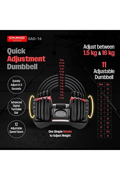 Sparnod Fitness SAD-16 Adjustable Dumbbell 16kg with 12-Level Quick Digital Dial & Base Tray