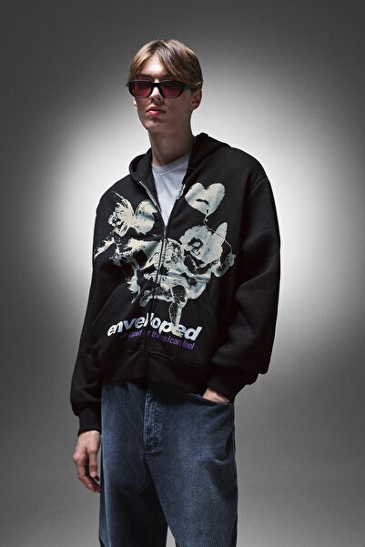 Bershka Baskılı kapüşonlu fermuarlı sweatshirt