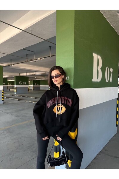 cemo Kadın, Kapüşonlu, Dik Yaka Fermuarlı, Crop-Kısa, Bol-Oversize, Önü Yazı Baskılı, Haki, Sweatshirt