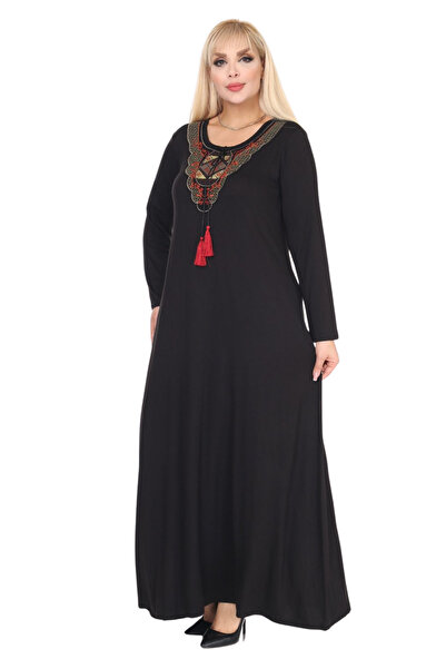 MELSAY Γυναικείο Μαύρο Φόρεμα Μεγάλου Μεγέθους Κόκκινο Φούντα Εθνοτικό Φόρεμα Τσαμιρό με λεπτομέρεια γιακά